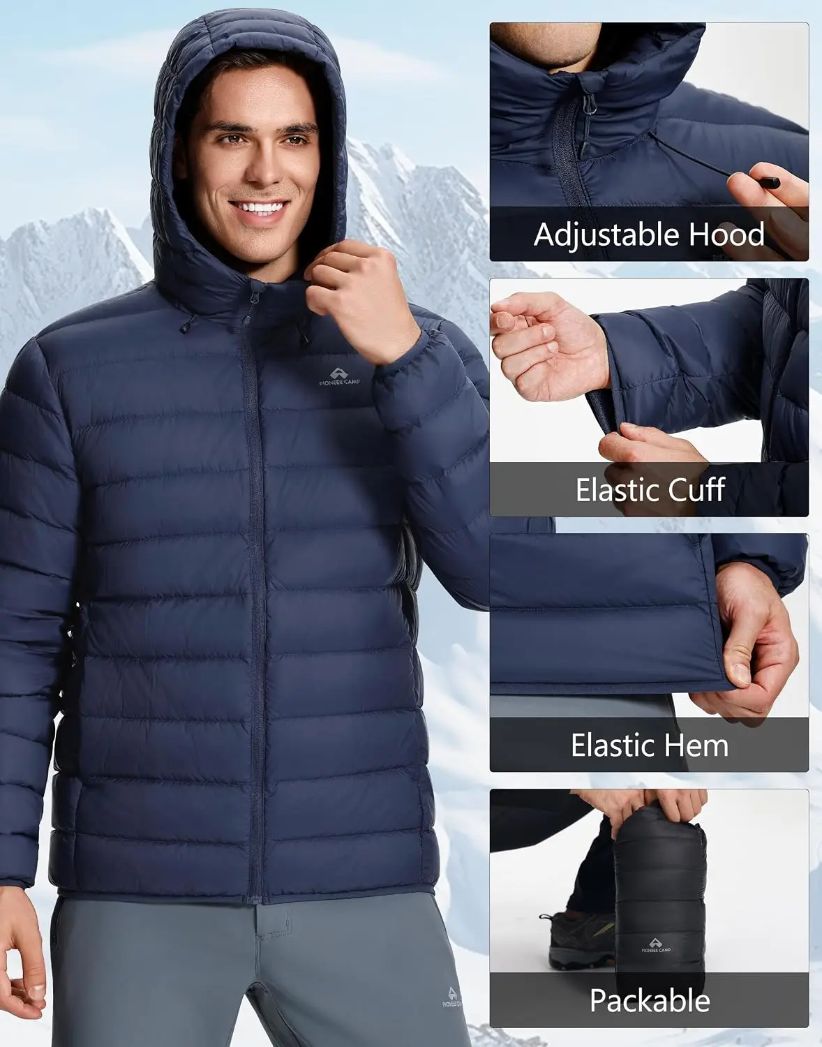 Jaket Puffer Pria Pioneer Camp dengan Hoodie, Ringan, Dapat Dilipat, Hangat, Berinsulasi, Termal, Mantel Musim Dingin, untuk Ski dan Perjalanan