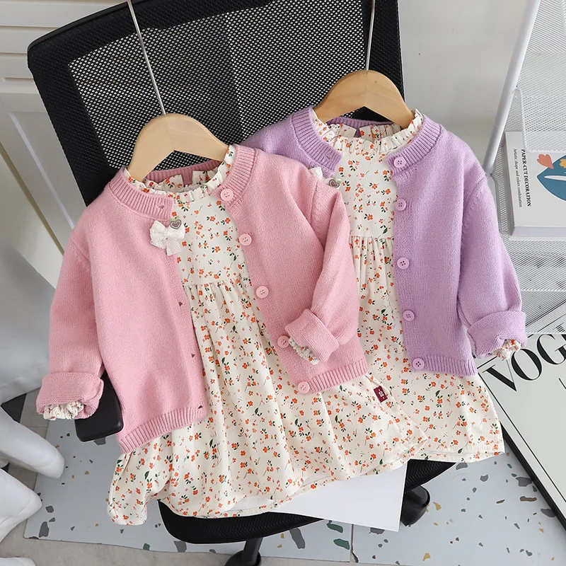

2025 New Autumn and Winter Children's Stylish Floral Skirt and Solid Color Cardigan Sweater Two-piece Set