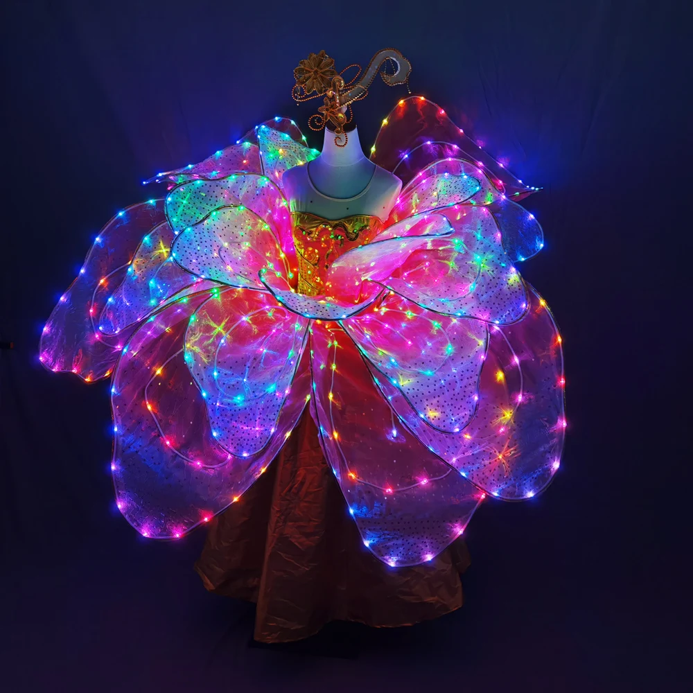 Full Color LED Petal Skirt Flower Opening Dance Big Swing Dress Modern Dance Performance Dress LED Robot Suit Blossom Long Dress