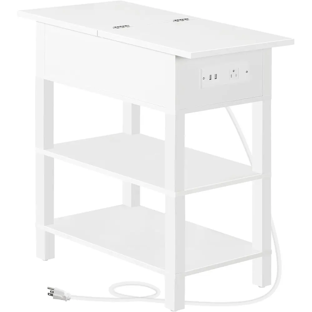 

White Charging Station End Table with USB Ports, Storage Shelves for Small Spaces Living Room