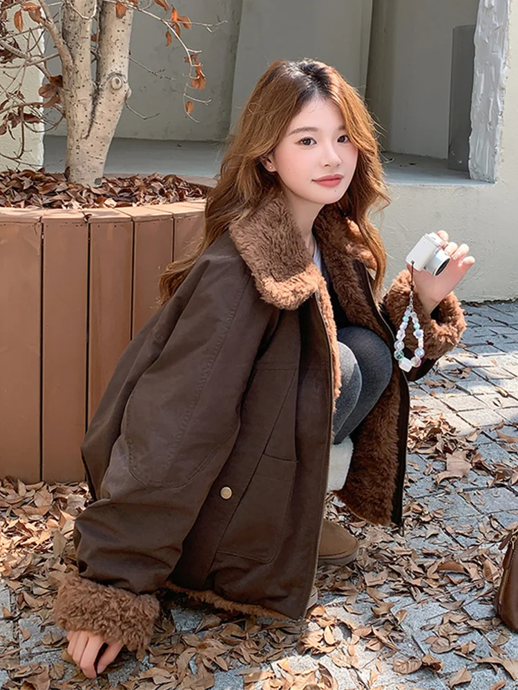 

Women's ort Puffer Jaet 90% White Du down Warmth Casual Sle Lamb Fur Splicing Winter Outerwear Slimming Effect