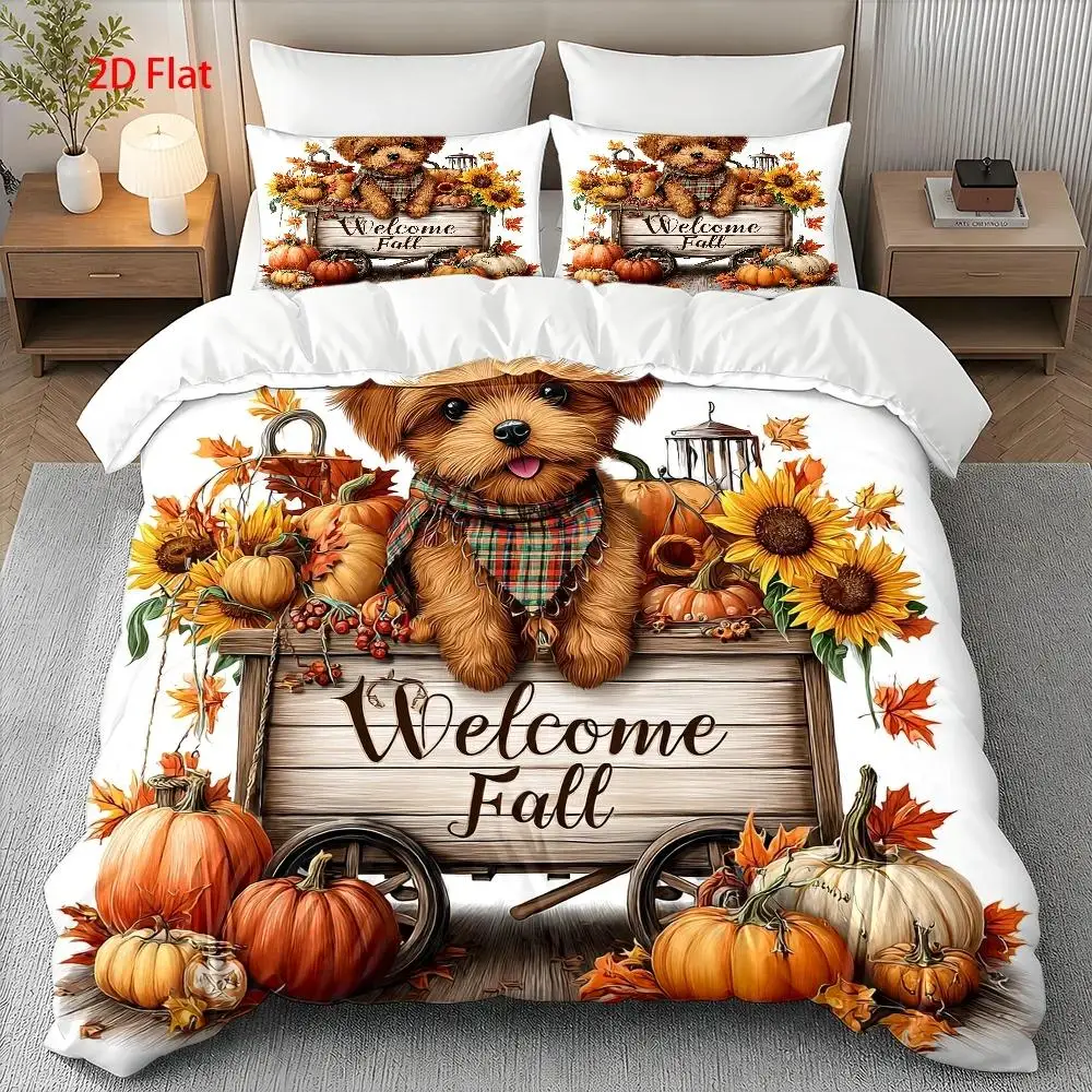 Soft Duvet Cover Set of Three, 1 Duvet Cover + 2 Pillowcases (Without Filling) 2D Flat Printed Duvet Cover Set of Three, Autumn Pumpkin Sunflower Theme, Thanksgiving Decoration, Suitable for All Seasons, Machine Washable, Invisible Zipper, Large Duvet Cover Set, Bedding Set Quilt Cover