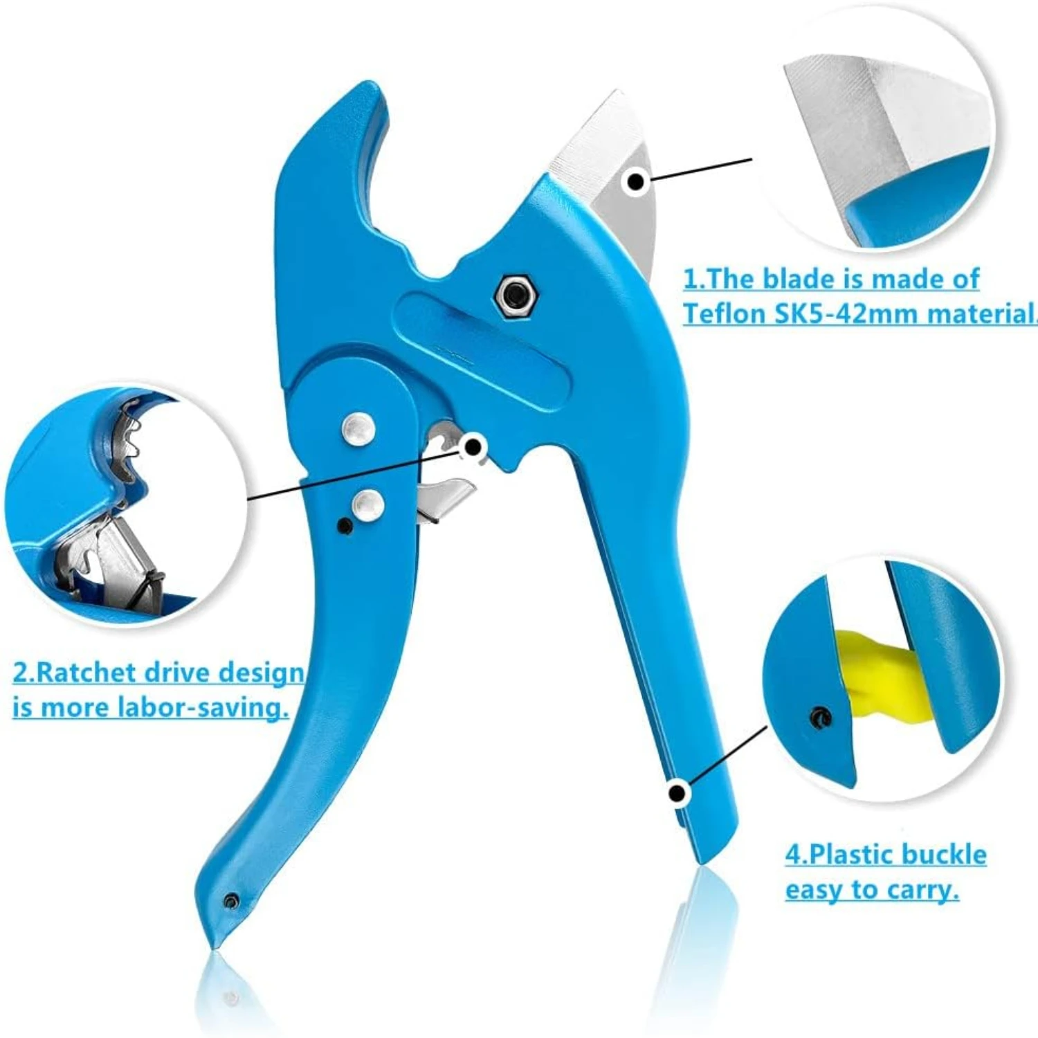 Efficient, high-quality, and reliable blue professional ratchet pipe cutter for precise cuts on 1-5/8 inch PVC PPR plastic hoses
