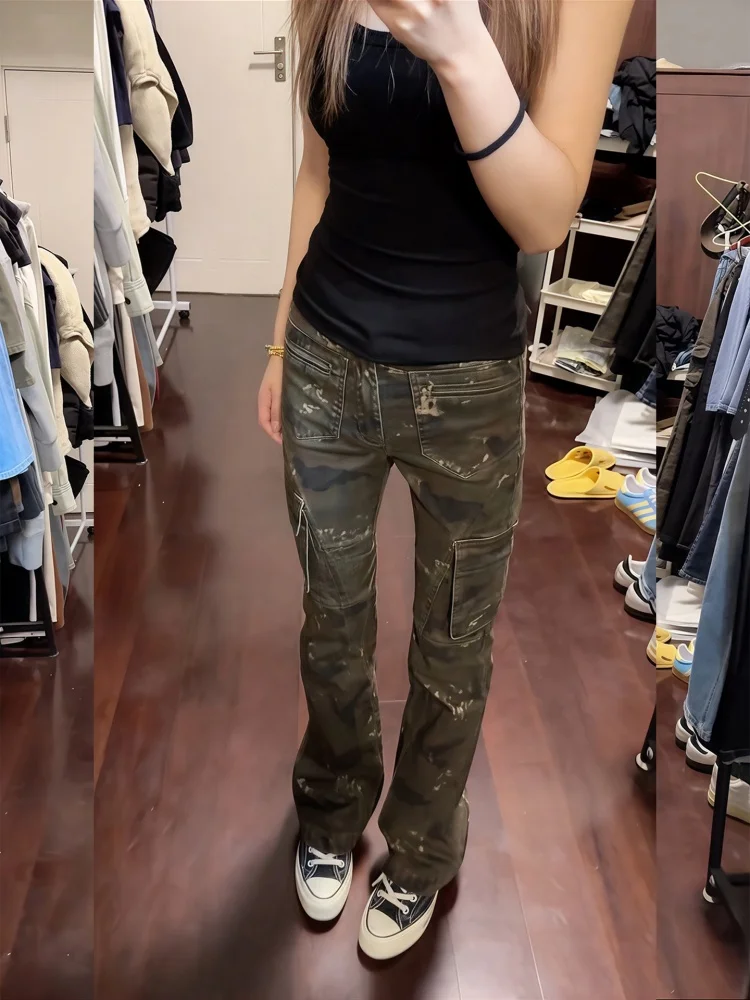 High Waist Slim Fit Bell Bottom Denim Jeans Women's High Street Camouflage Workwear Spring 2026 New Design Long Pants