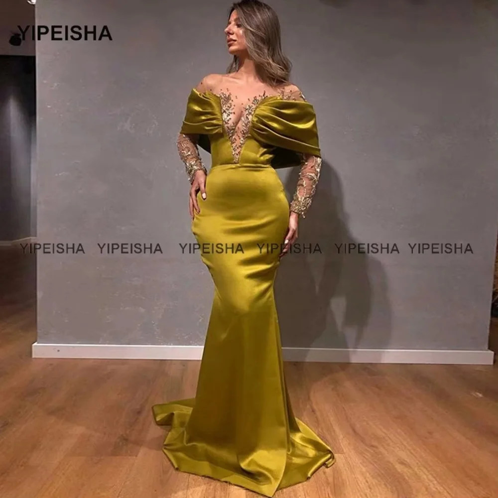 

Customized Sexy Jewel Long Sleeves Evening Dress Sheer Neck Appliqued Beaded Gold Mermaid Prom Gown Formal Dresses Arabic