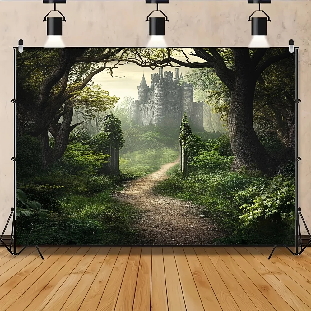 1 piece Gothic medieval castle and misty forest backdrop, ideal for room decoration and theme parties