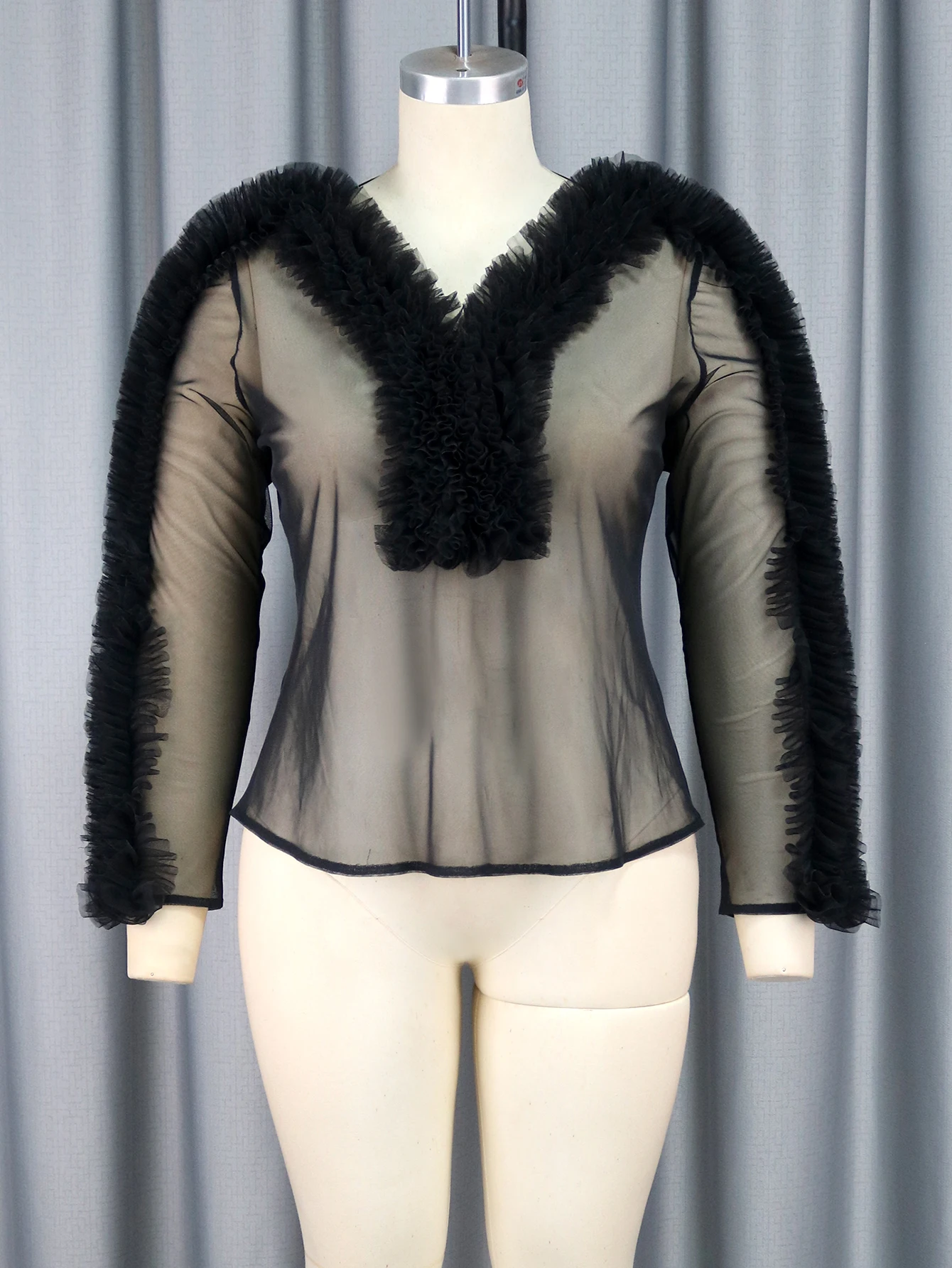 Pull noir transparent à col en V à volants pour femmes, chemises transparentes à manches longues, chemisiers décontractés pour boîte de nuit, fête