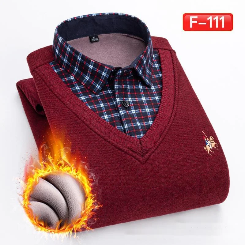 Autunno e inverno caldo maglione da uomo resistente all'usura falso due set di maglione spesso a griglia pullover basic tinta unita foderato 2023