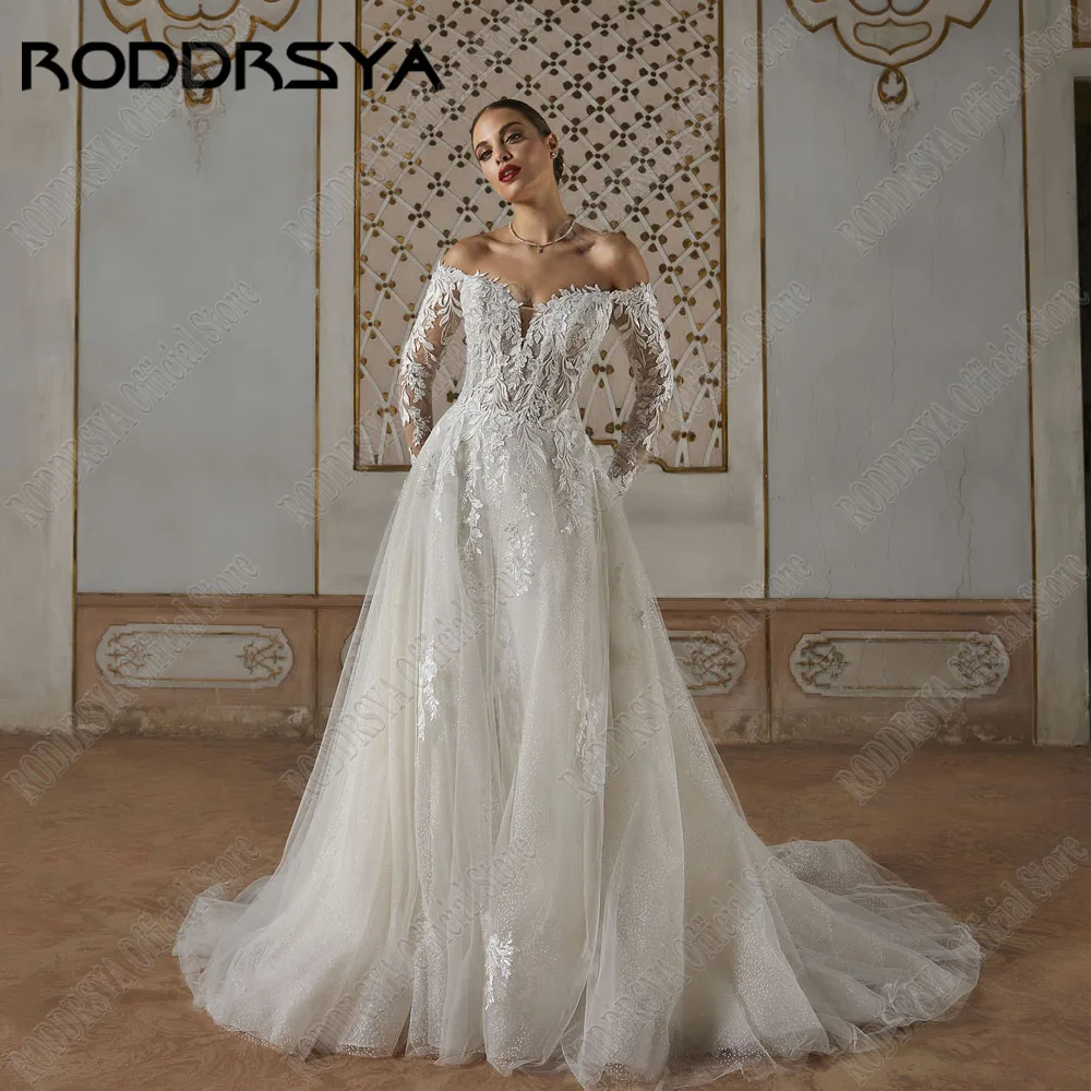 

RODDRSYA Sparkly V-Neck Wedding Dress A-Line Off Shoulder Bride Gowns For Women Applique Lace Luxury Wedding Gowns Long Sleeves