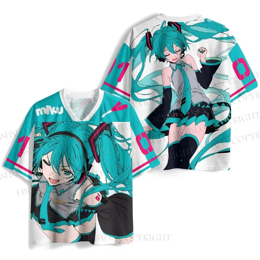 2026 New Anime Hatsune Miku 3D Print Mesh Jersey T-shirt Men Women Oversized Streetwear V-Neck Casual Short Sleeve Tops