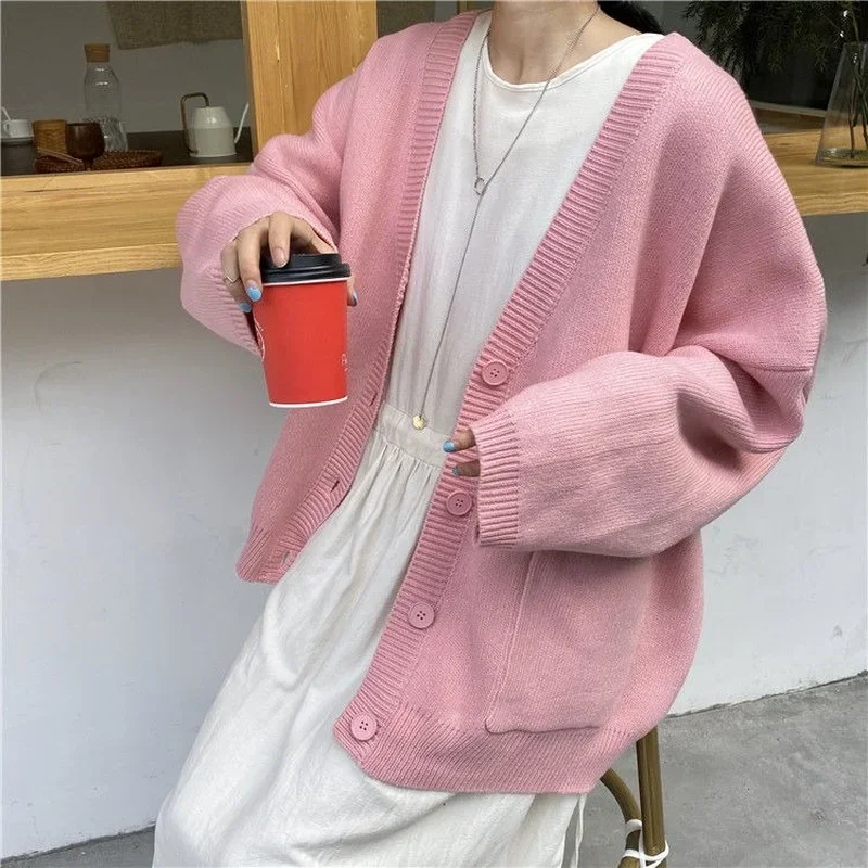 Loose All-match Ins Fall Winter Women Sweaters Cardigan Spring Vintage Lovely Fashion Korean Simple V-neck Ladies Knitwear Coats