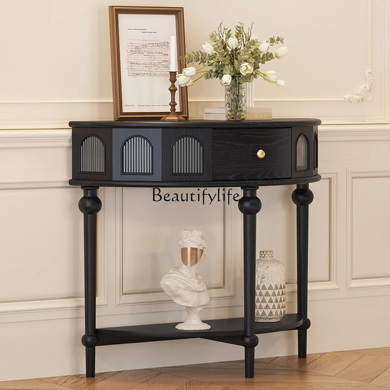 

French solid wood semi-round entrance cabinet American retro entrance decorative table living room partition