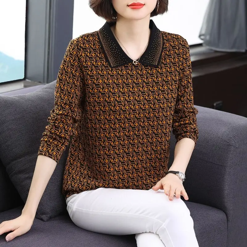 2023 Spring and Autumn Women's Pullover Polo PrintingPatchworkScrew Thread Loose Fashion Casual Office Lady Long Sleeve Top