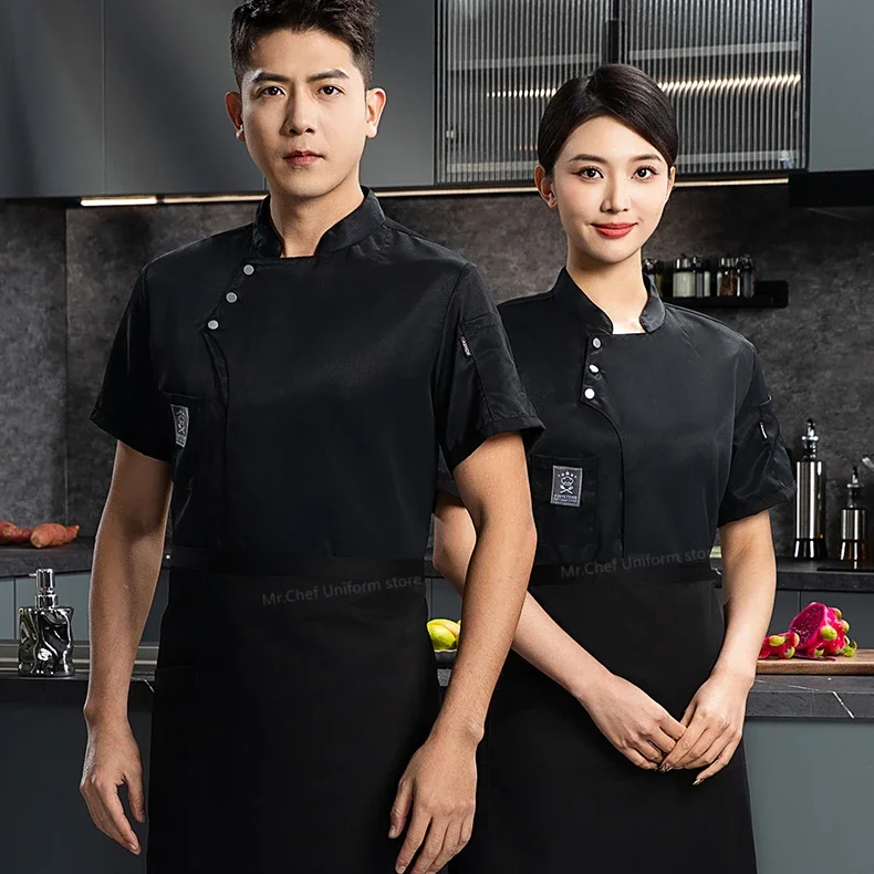 Men chef uniform jacket short sleeve chef T-shirt restaurant coat Bakery Food Service Breathable mesh Cooking chef clothes logo