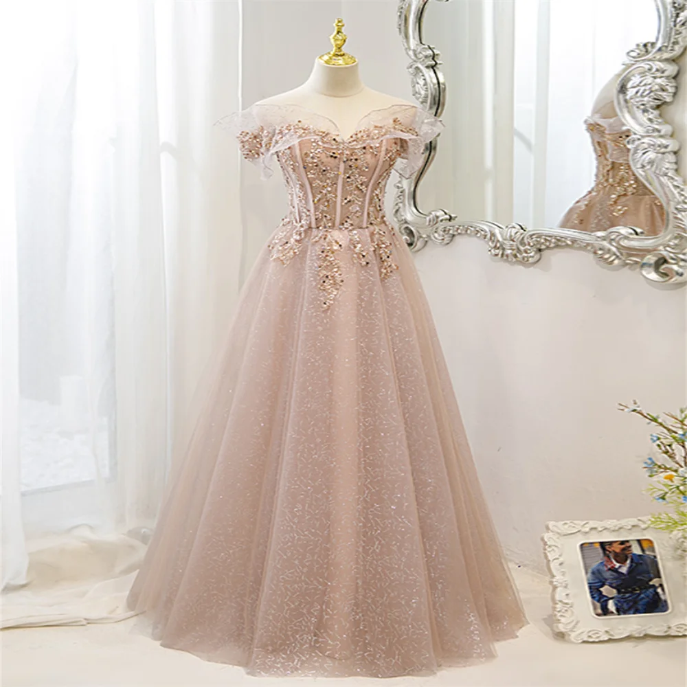 Customized Pink A-line Tulle Wedding Dress Boat Neck Prom Dress 2024 Sexy Party Dress Elegant Tulle Prom Gown A085