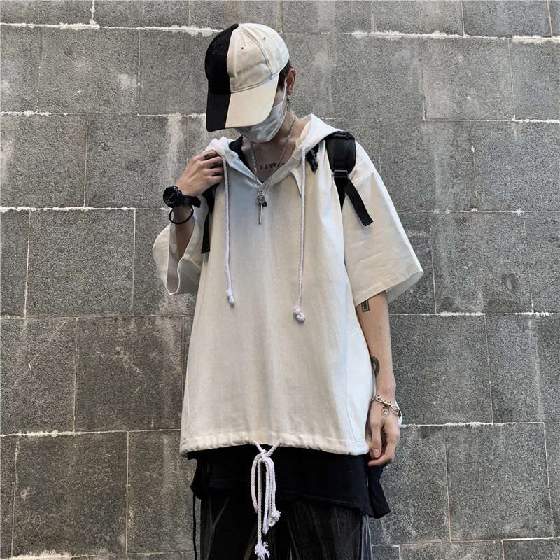 Oversized T-shirt Hip Hop.loose Hooded Short Sleeve Tee Versatile Men\'s Clothing Harajuku Solid Color T-shirt Men