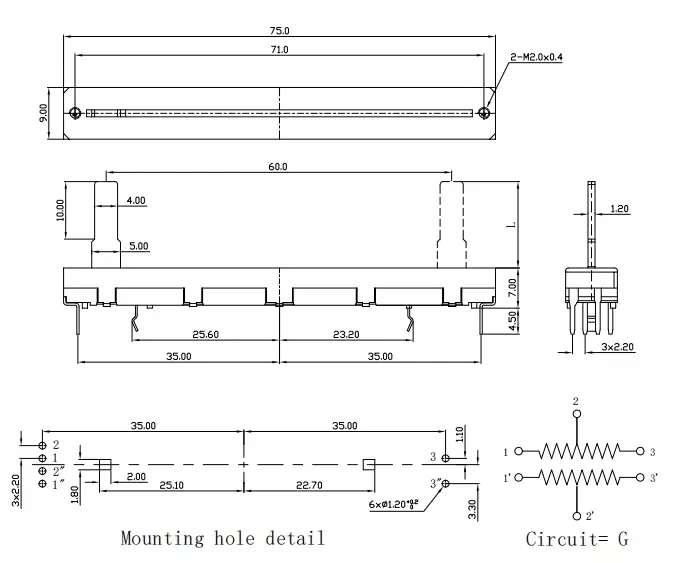 75mm Mixer-Fader – B10K Stereo-Linear-Schiebepotentiometer (B103) – Detail 3