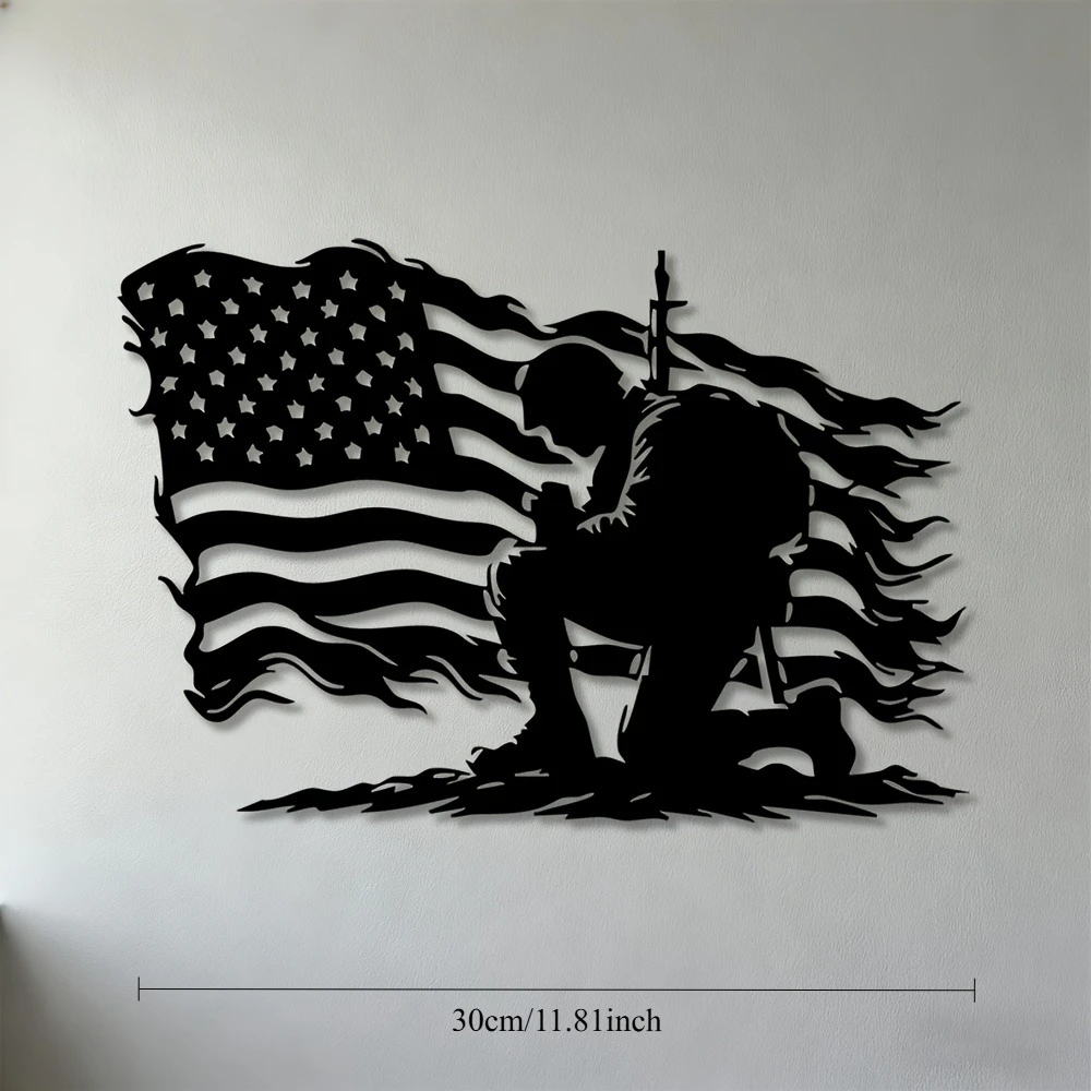 CIFBUY Metal Wall Art Iron Hanging Decor 2D Sculpture Kneeling Soldier American Flag For Living Room Office Indoor Outdoor