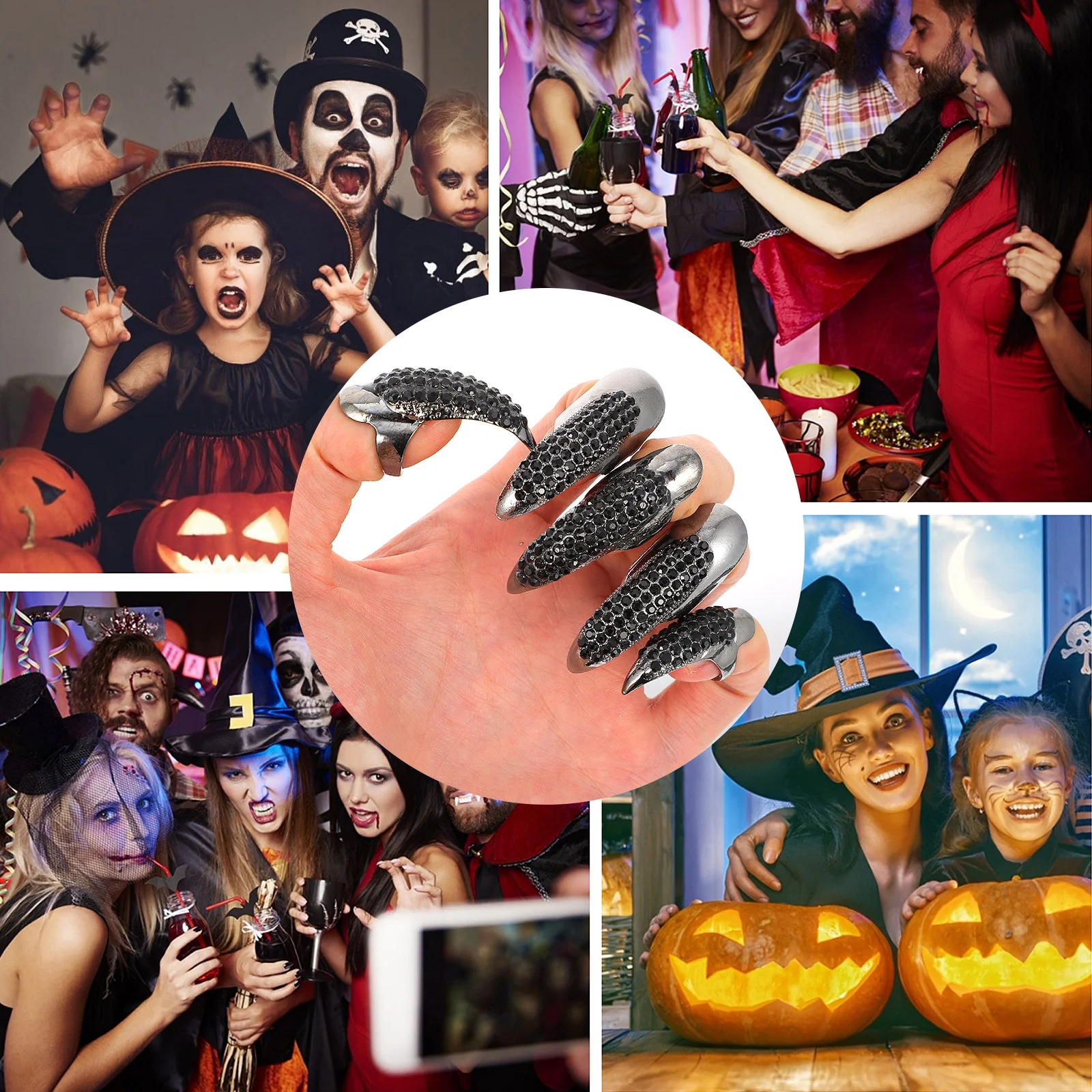 

10Pcs Rhinestones Finger Claw Nail Ring Gothic Punk Halloween Party Accessories Secure Easy Wear Elegant Outfit Match