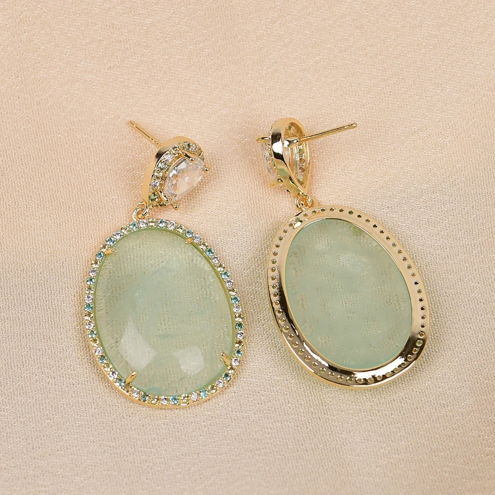 G-G Natural Green Quartz CZ Paved Crystal Stud Needling Dangle Earrings