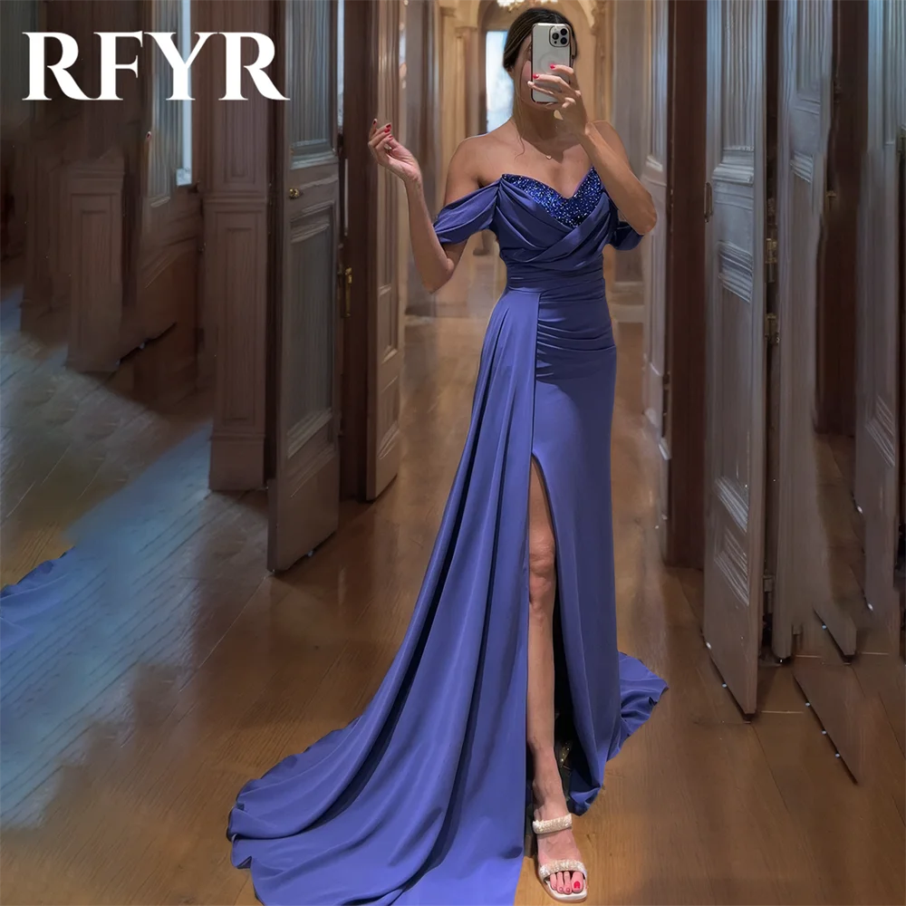 

RFYR Purple Satin Mermaid Evening Dress Split Luxury Off the Shoulder Party Dress Sequin Ruffle Prom Gown Sweep Train Customized