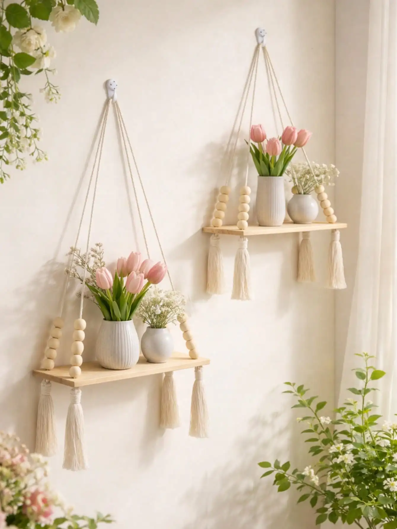 Macrame Hanging Shelf Light Wood Rope Wall Mounted Storage Rack Boho Plant Hanger For Living Room Bedroom Bathroom Kitchen