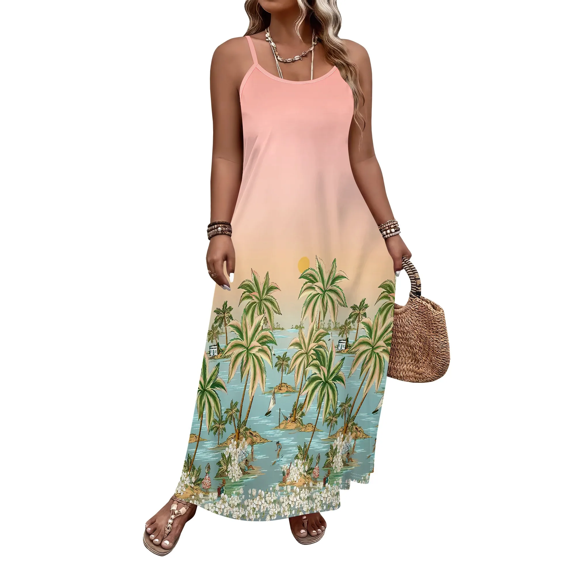 فستان Nupusa Tropical Print للنساء مقاس كبير فستان صيفي كاجوال بحزام سباغيتي