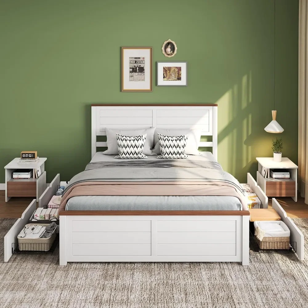 Queen Bed Frame with Headboard and 4 Storage Drawers，Wood Bed Frame for Bedroom, Wood Slats Support，Bed Frame