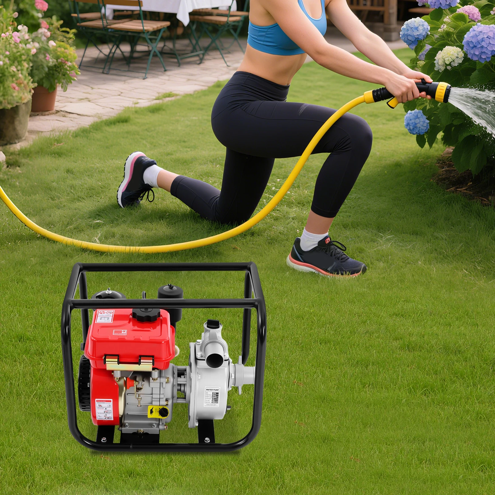 مضخة مياه ديزل 7.5 حصان 110 جرام في الدقيقة محرك شمسي 2 بوصة مع خرطوم 7.5 متر لري المزرعة والصرف ومياه الحريق