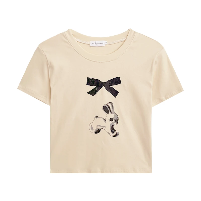 

Cute Milk Apricot Bow Rabbit Print Sweet Elastic Slim Fit T-shirt