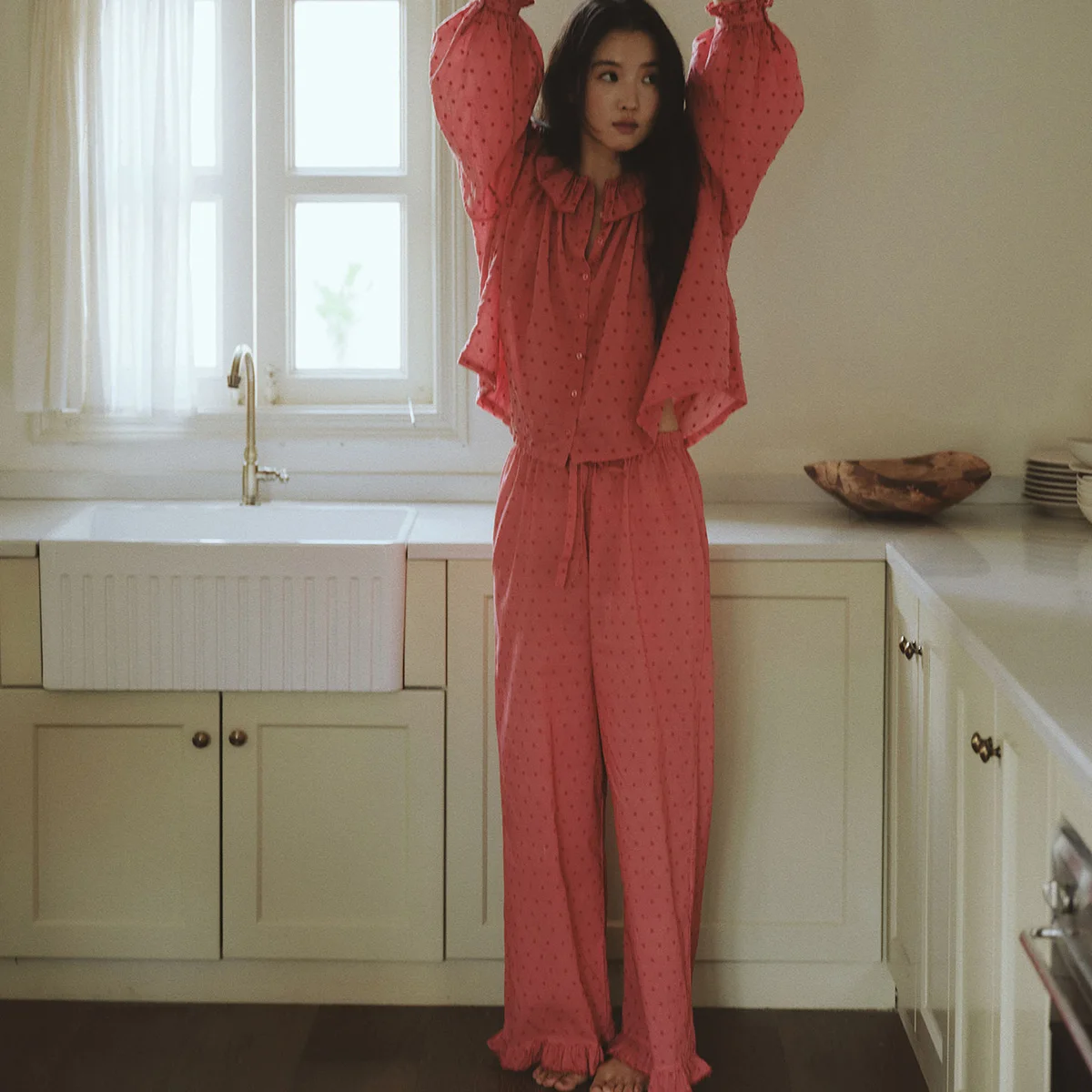 Women's Autumn Winter New Long Sleeve Loose Korean Sweet Floral Polka Dot Lace Home Suit Set for Wearing Pajamas Outside