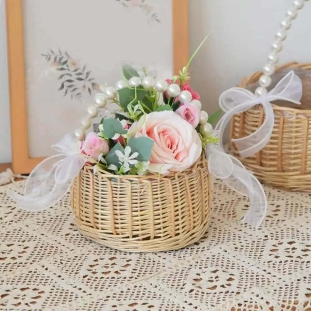 

Pearls Handle Flower Girl Baskets Twin Fish Tail Design Storage With Handle Woven Basket Picnic Container Handmade