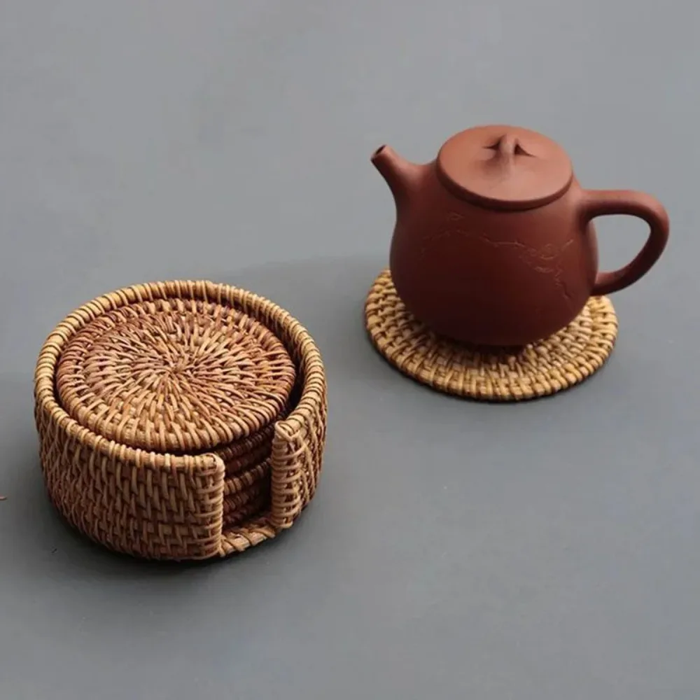 1set Drink Coasters Set for Kungfu Tea Accessories Round Tableware Placemat Dish Mat Rattan Weave Cup Mat Pad Diameter 8cm