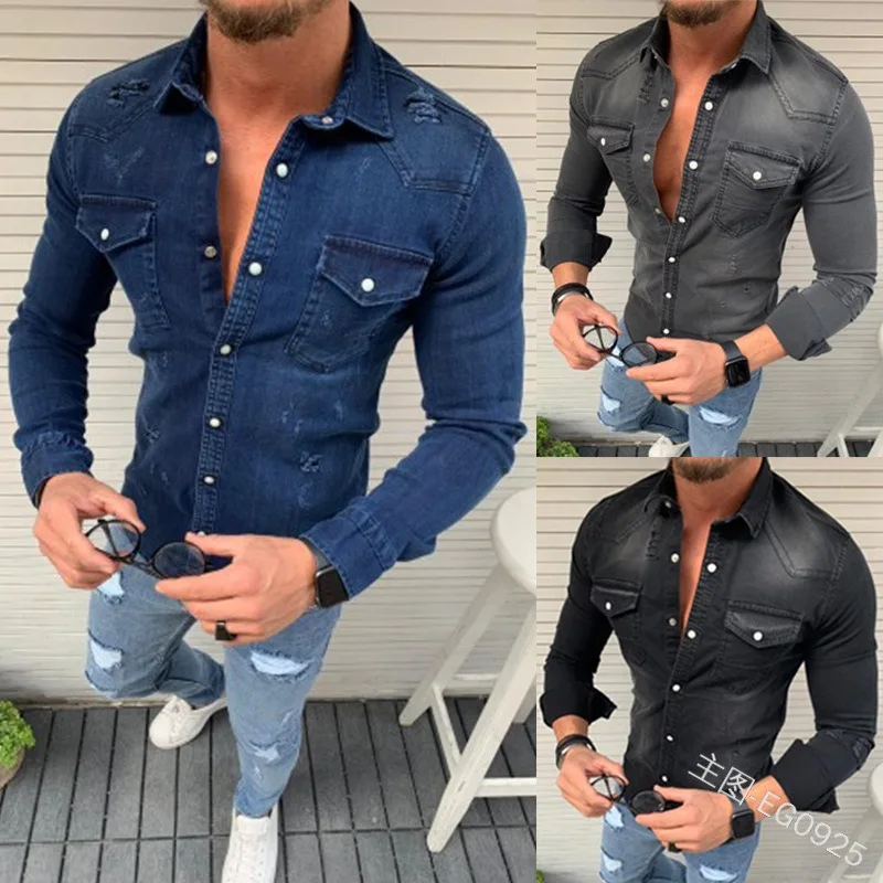 Simple Men's Denim Shirt Casual Fashion Button-down Double Pocket Decoration Slim-fit Washed Denim Long-sleeved Jacket