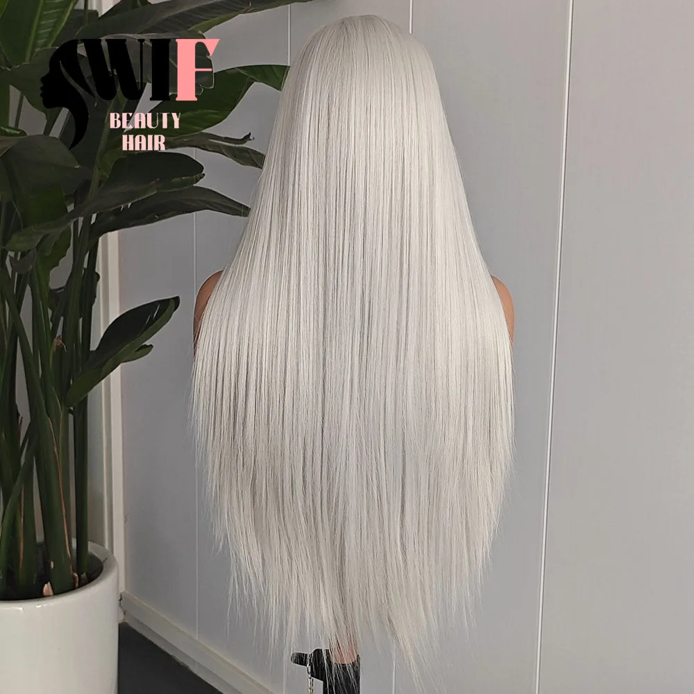 WIF-Peluca de Cosplay gris plateado, pelucas frontales de encaje sintético liso para mujeres y hombres, pelo liso Natural largo, pelo liso plateado