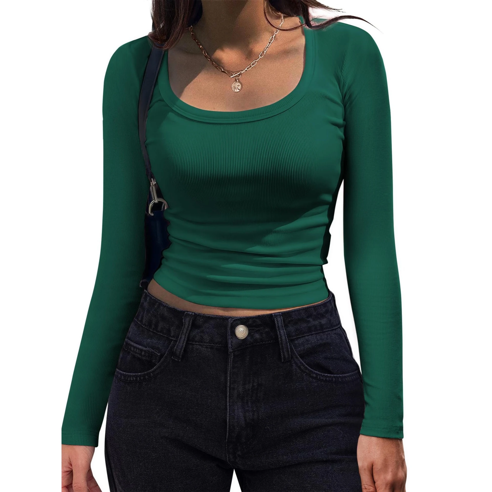 2024 New Style Slim Fit Long Sleeve Square Collar T-Shirt Women's Cross-Border Fashion Casual Knitted  Color Top