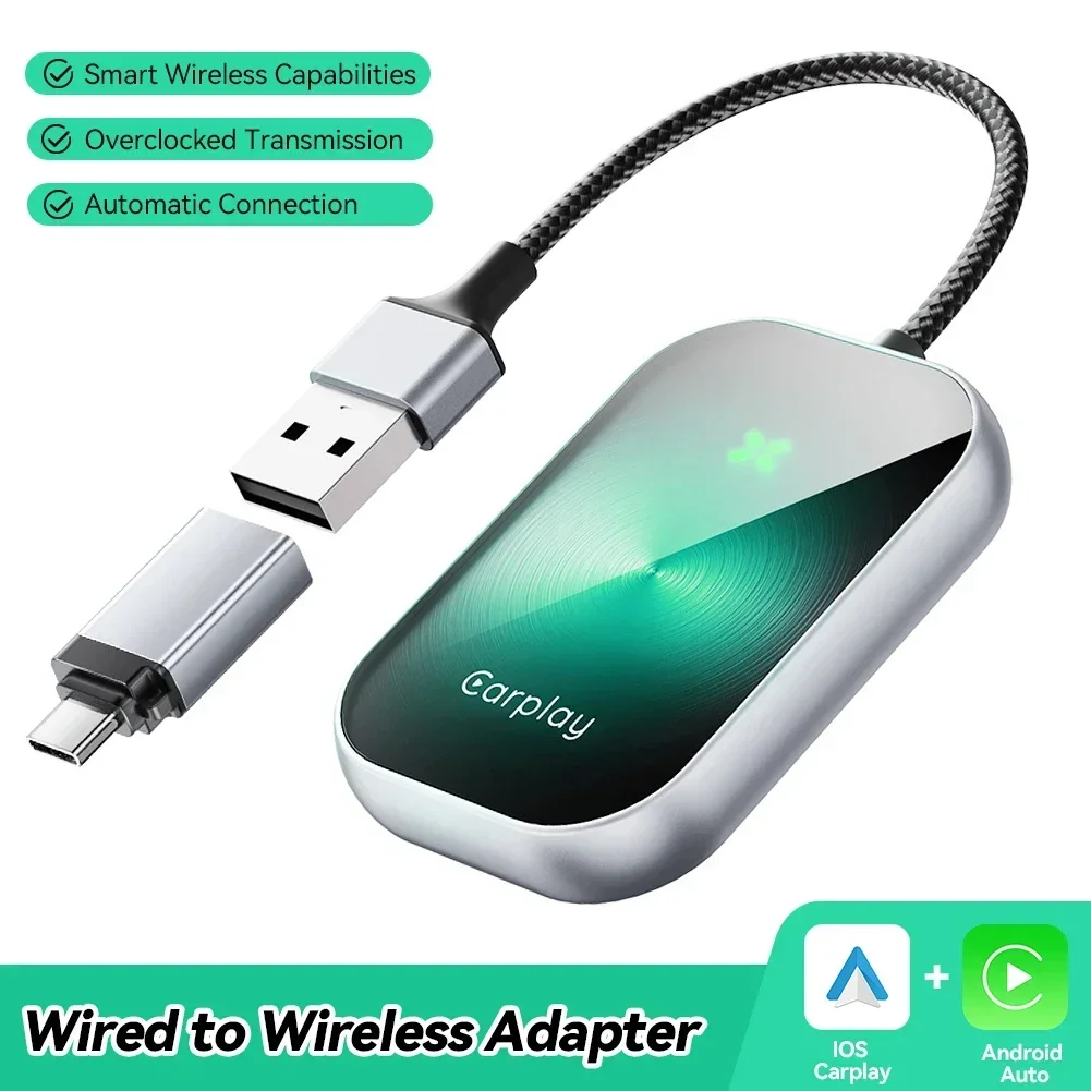 2 in 1 Car Android Auto Carplay Box Wired To Wireless Adapter Bluetooth Smart Carplay Plug And Play Ai Box For IOS Android