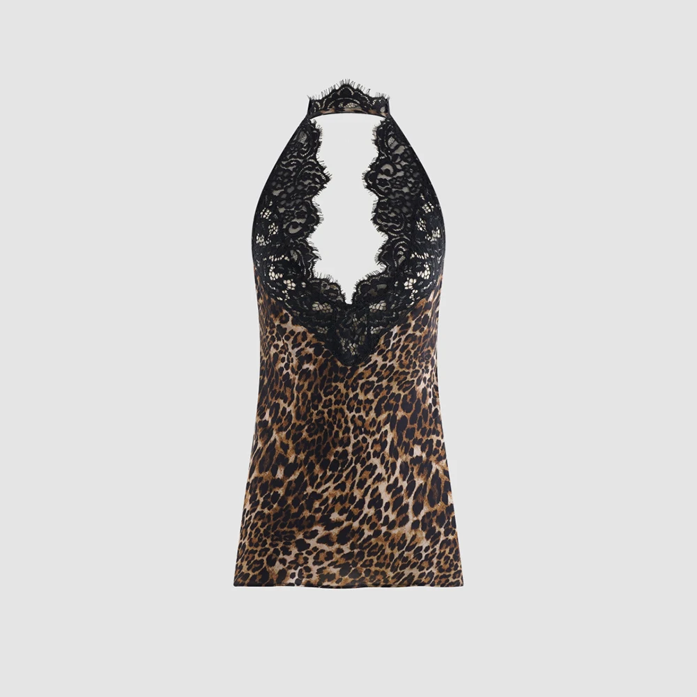 Women Leopard Print Halter Cami Top Lace Trim V Neck Sleeveless Backless Tank Top Y2K Streetwear Party Club Going‑Out Camisole