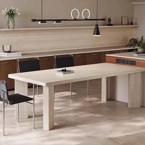 Retro rock slab dining table hanging under beige travertine small apartment rectangular simple medium and ancient style