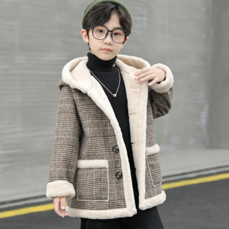 

Boys Woolen Coat Overcoat Jacket Windbreak 2024 Furs Warm Plus Thicken Autumn Winter Cotton School Children's Clothing