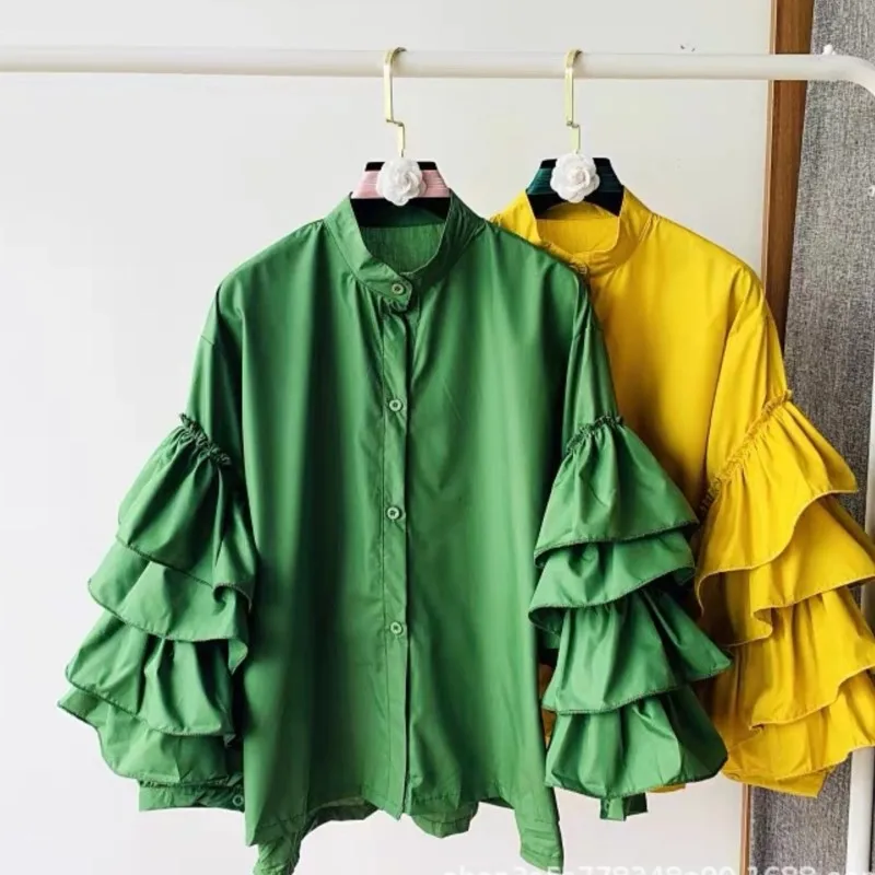 Women White Shirts Solid Full Ruffles Sleeve Turn-down Collar Single Breasted Loose Shirts Office Lady Streetwear Summer Tops