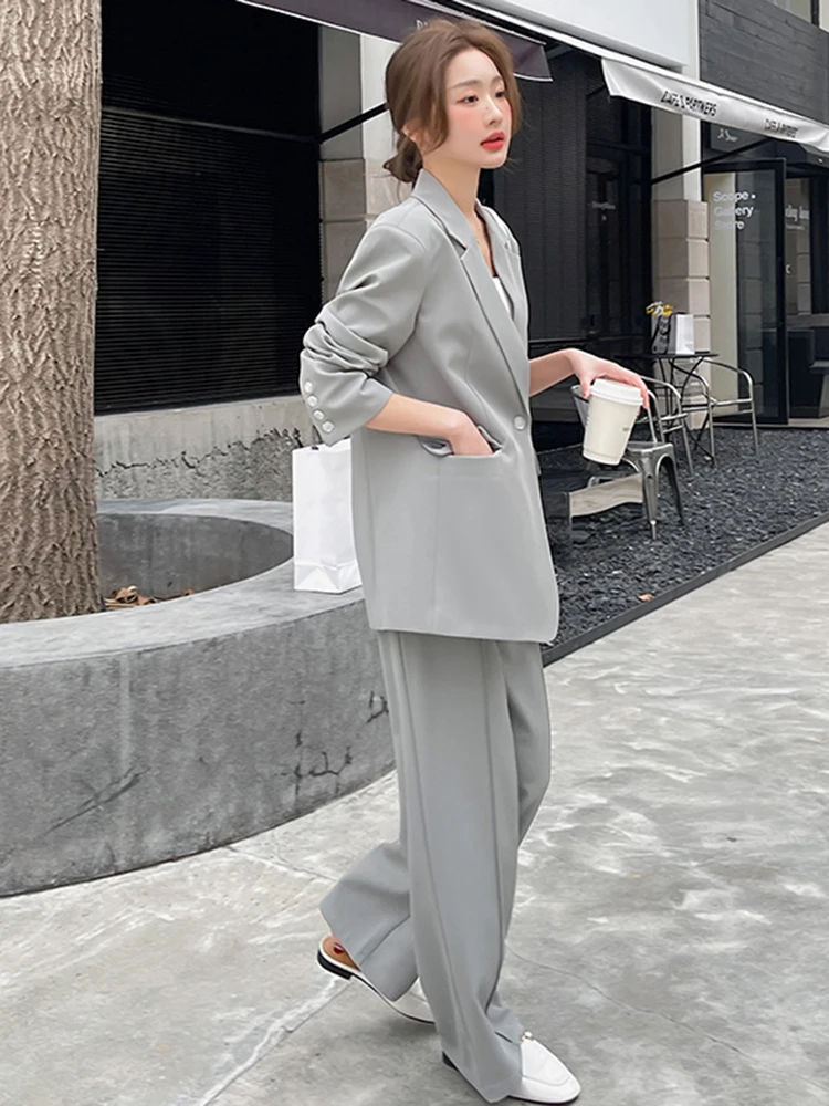 LANMRE Casual Two-piece Set Women Notched Single Button Back Split Blazer With Loose Pants Versatile 2024 Fashion New M2Z1453