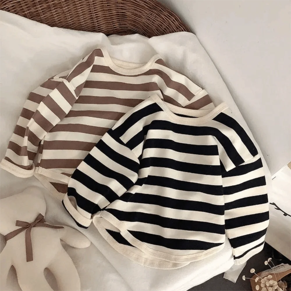 

Soft 6M-3Y Korean Style Kids Shirt Loose Retro Striped Boy Girl Clothes T Shirt Cotton Baby Long Sleeve Spring Autumn