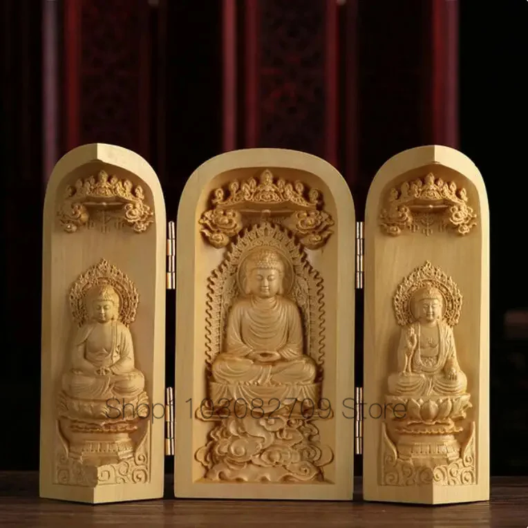 Boxwood Wood Carved Decor Three Open Box Guanyin Guan Yu Ksitigarbha Three Holy Buddhas Craft Home Decoration Ornament Statue