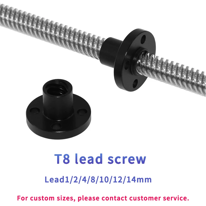 T8 Stainless Steel Lead Screw, Lead 4/2/8/10mm, OD 8mm, Pitch 2mm, Length 200-600mm, with Nylon Nut, for CNC and 3D Printers.