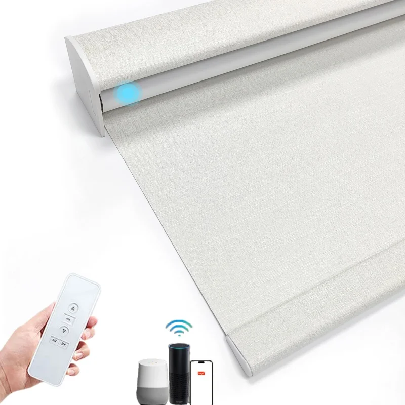 

North American Market Texture 100% Blackout Fabric Timing Function Via App Phone To Control Electric Roller Shades For Bedroom