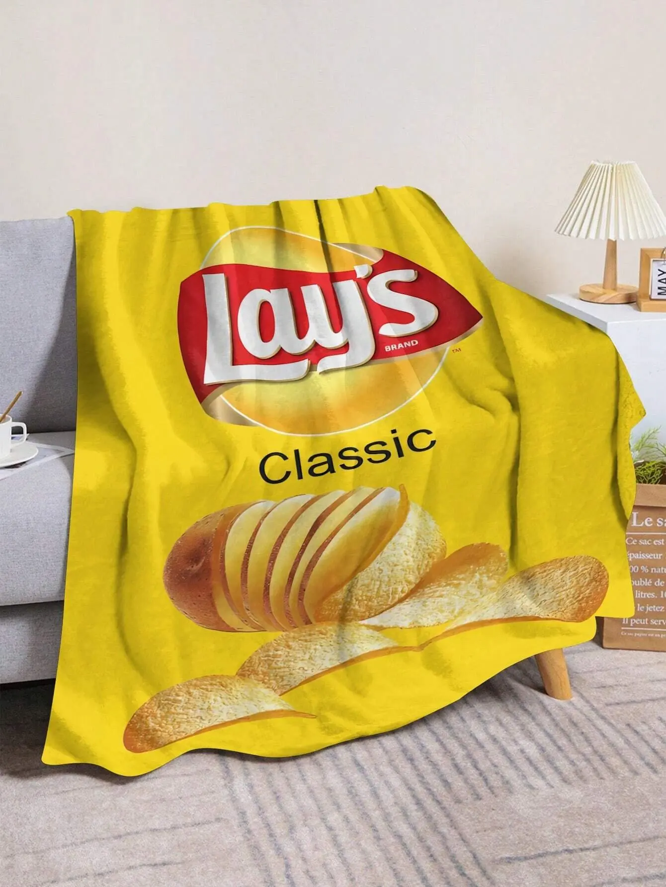 1pc Potato Chips Cool Packaging Printed Soft Flannel Sofa Blanket, Suitable for Bed Nap Office Camping Supplies