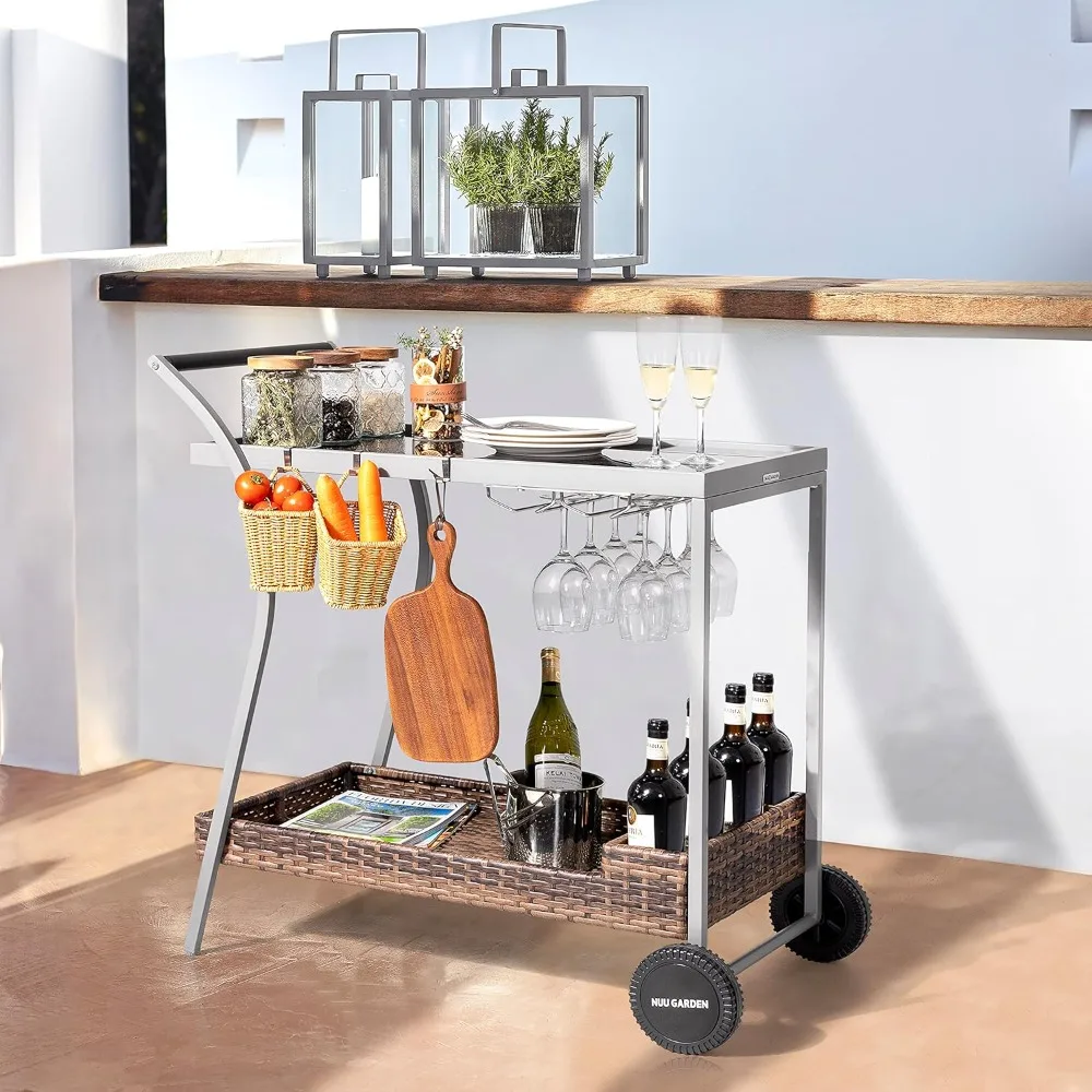 

Outdoor Bar Table with Rolling Wheels, Outdoor Bar Cart Patio Wicker Bar Counter Table with 2 Steel Shelves and 2 Sets of Rails