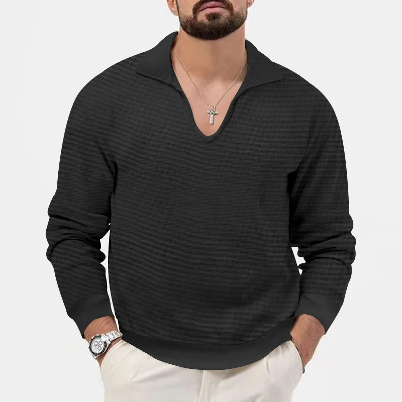 Spring And Summer Basic Menswear Top Casual V Neck Male Long Sleeve Black Clothes Street Wear Solid Pullovers Tees Dropshipping