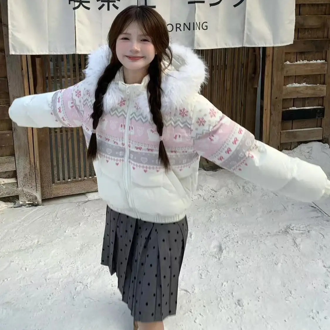 Vintage Snowflake Rabbit Print Fur Collar Hooded Cotton Jacket for Women 2025 Winter New Versatile Warm Puffer Coat